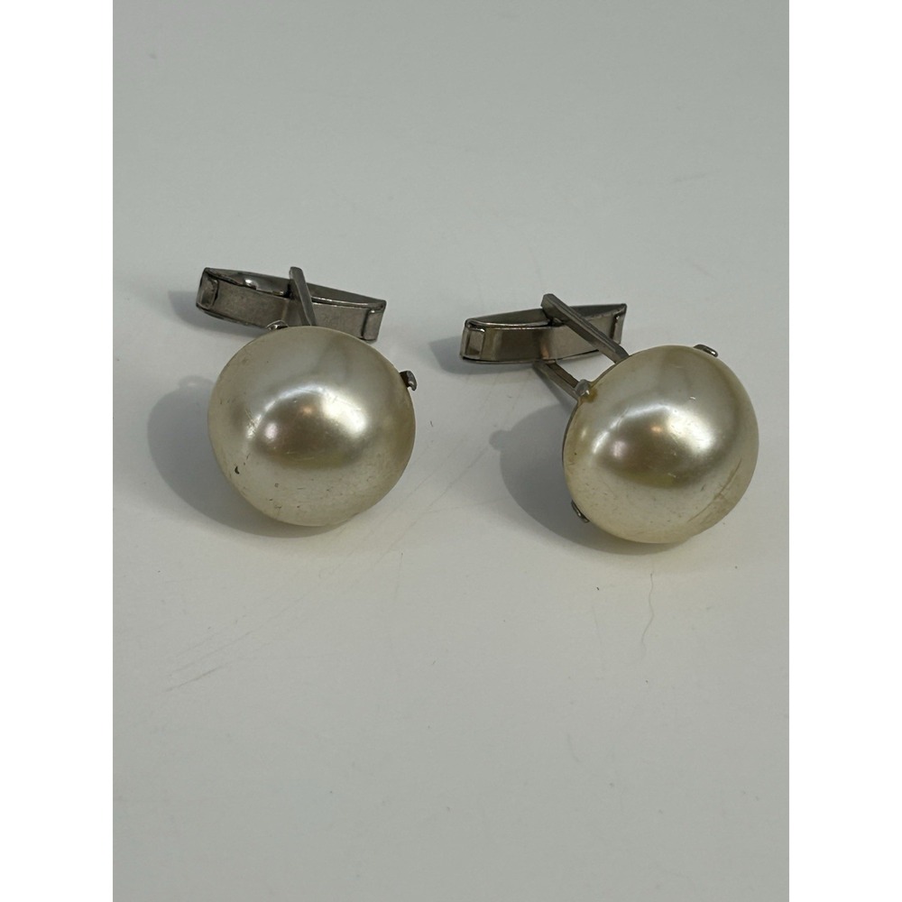 Vintage Silver Tone Large Faux Pearl Cufflinks